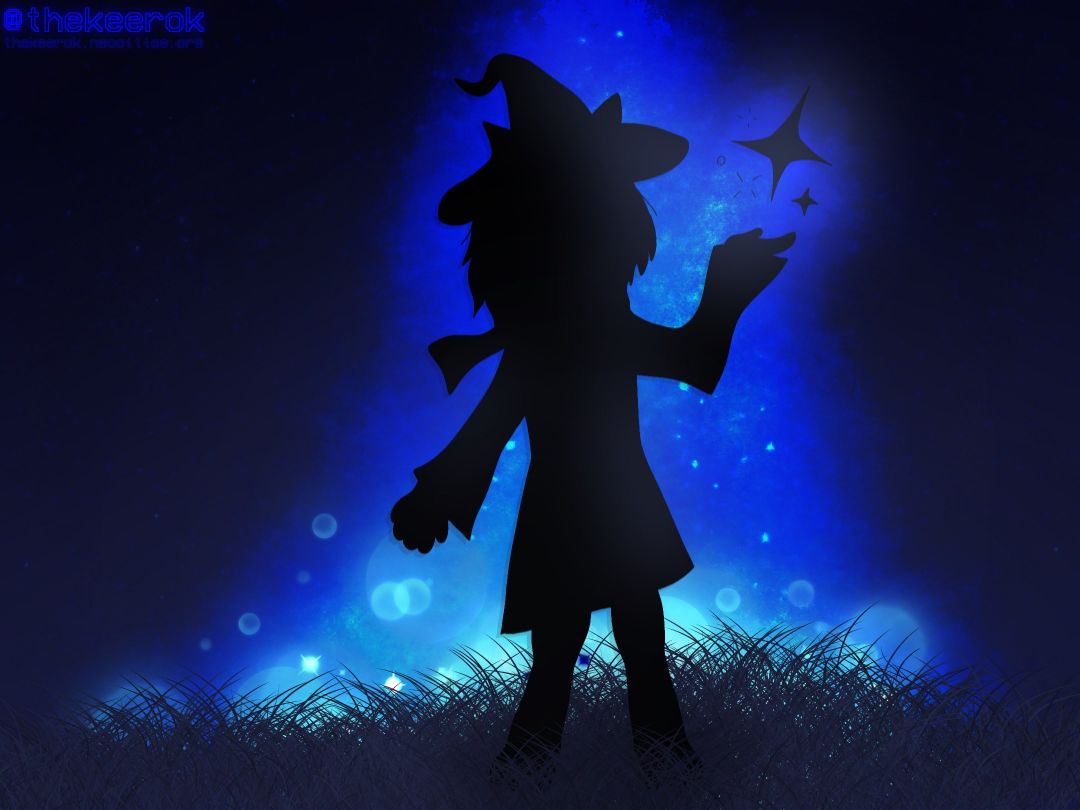 Ralsei from Deltarune, casting magic. There is blue light in the background, he stands on dark blue grass. In this image, Ralsei is only a silhouette.