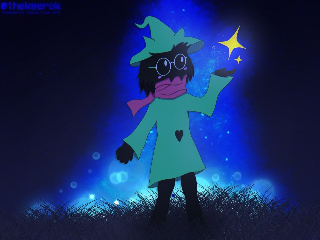 Ralsei from Deltarune, casting magic. There is blue light in the background, he stands on dark blue grass..