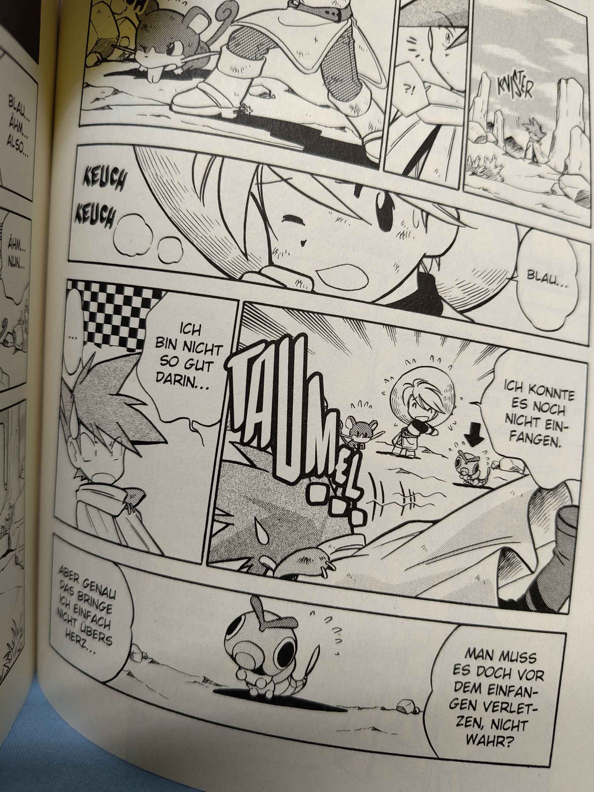 Page from the Pokemon Manga featuring the characters Yellow and Blue. Yellow cant catch a Caterpie as he doesnt want to hurt it.  